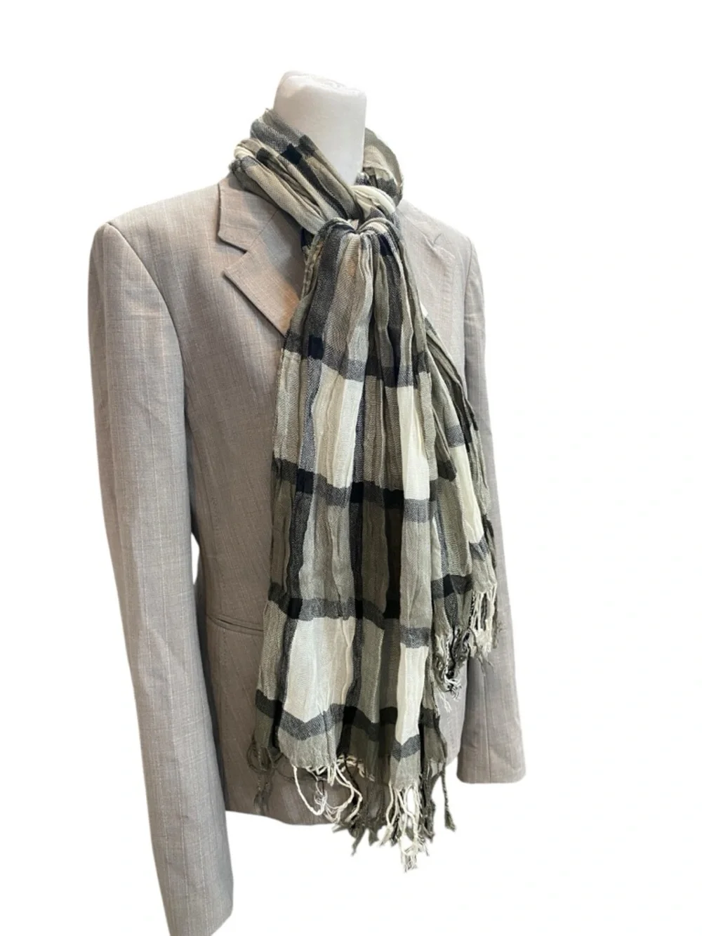 PLAID Scarf lightweight gauzy black gray white bottom fringe